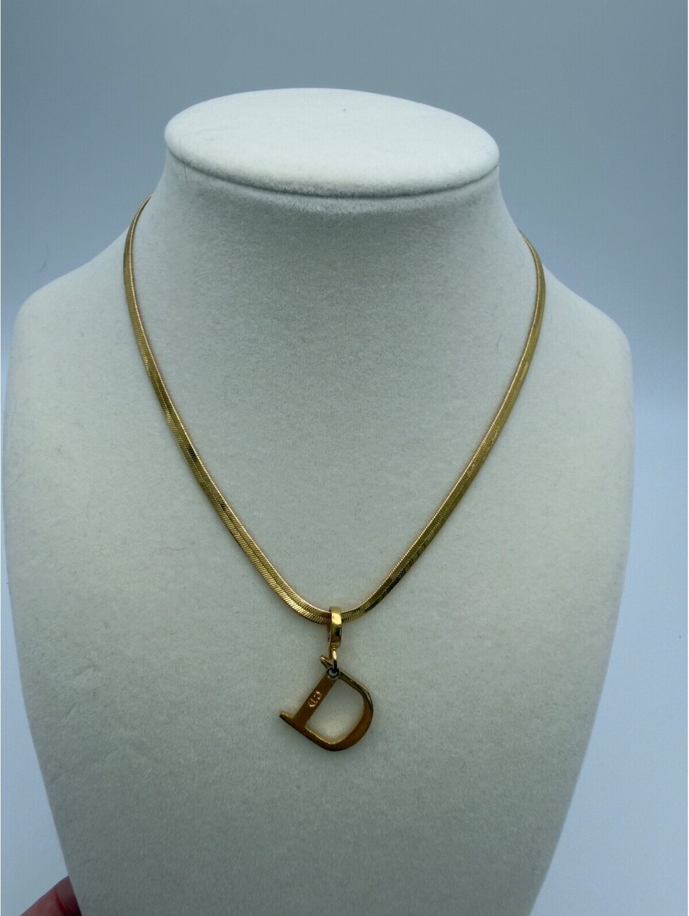 Authentic Gold Tone Snake Chain Christian Dior Necklace D Logo Pendant